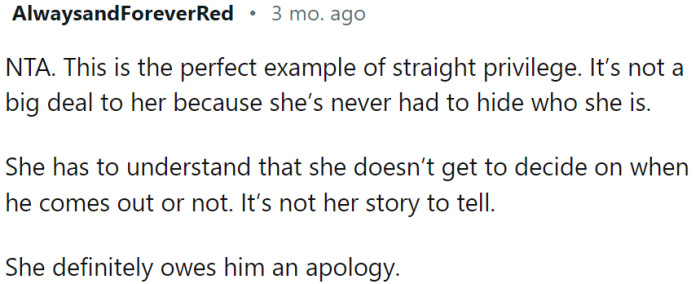 This Redditor says that this is the perfect example of straight privilege.
