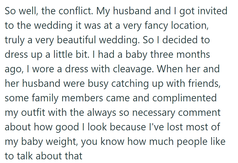 At a fancy wedding, she wore a cleavage-baring outfit three months after giving birth. Family praised her post-baby weight loss.