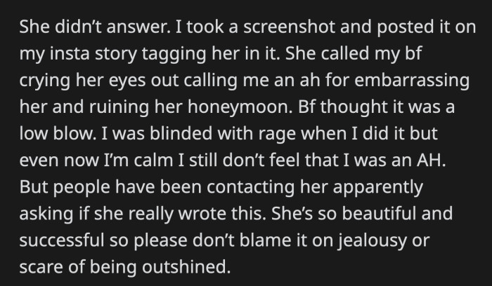 The silence was deafening. So, OP took a screenshot of the exchange, posted it on Instagram, and tagged her SIL. OP's boyfriend got a call from his hysterical sister about what OP did. Did OP overreact?