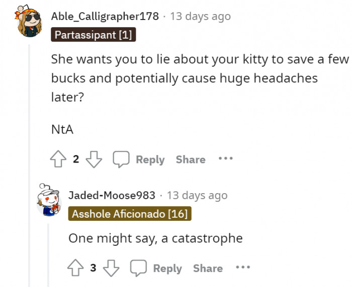 The consequences of lying about the cat is not worth it. Avoid catastrophe!