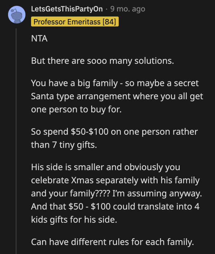 Their gift-giving rules do not have to be approved by everyone. OP and her husband should keep this discussion between themselves.