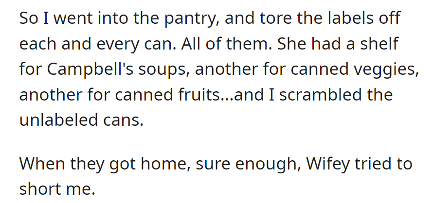 Frustrated, OP removed labels from every can in the pantry, causing chaos. When the parents returned, the wife tried to shortchange OP.