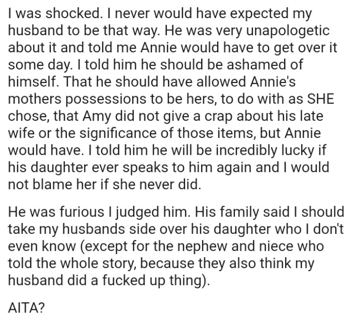 OP told her husband that he will be incredibly lucky if his daughter ever speaks to him again