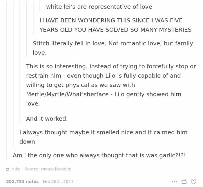 6. White leis are representative of love, and Lilo's gentle affection made Stitch realize and feel what familial love is like