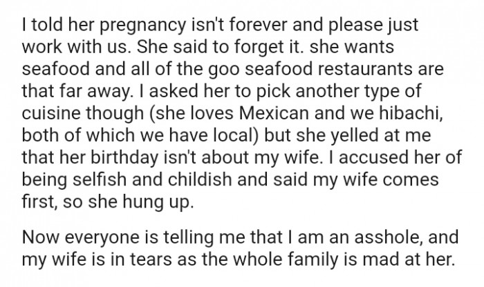 The OP's mom wants seafood, and all of the good seafood restaurants are that far away