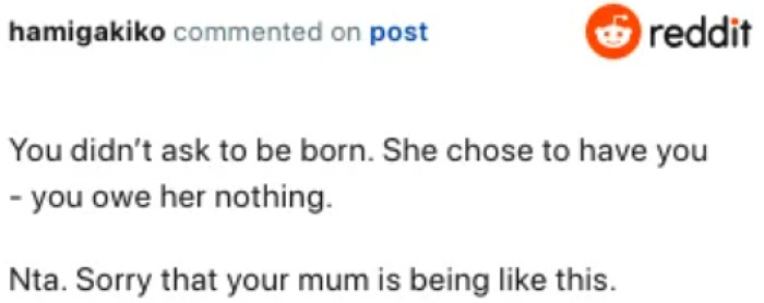 OP doesn't owe her for giving birth to her