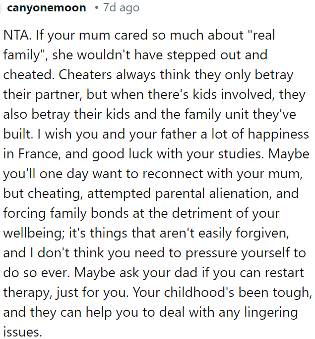 OP's mom's actions show she doesn't value true family.