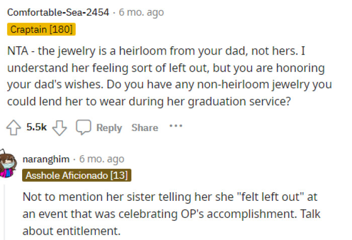 Ultimately, people quickly told her that she's not in the wrong here because she's simply following her dad's wishes despite her sister's feelings.