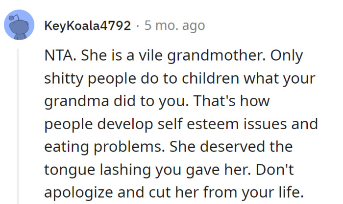 Grandma's playing the villain in the family drama. Tongue-lashing: delivered.