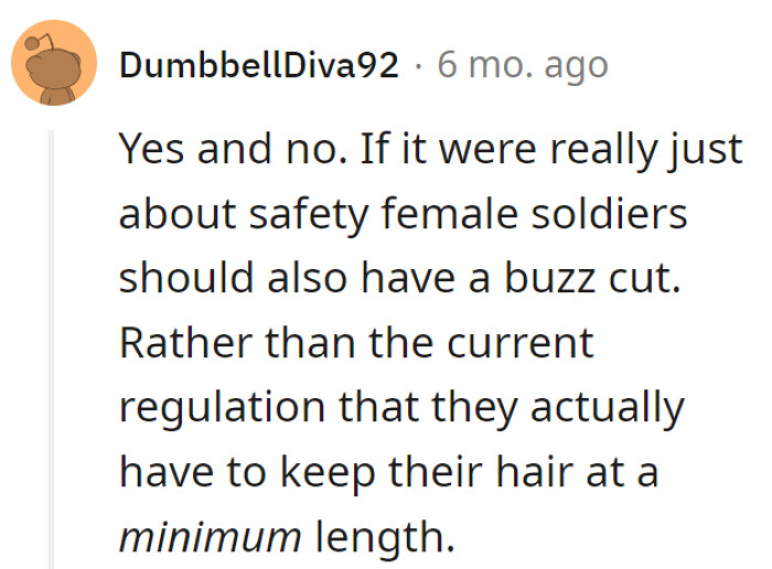 Safety buzz for all? Nope, ladies get a hair minimum, not a tactical trim.
