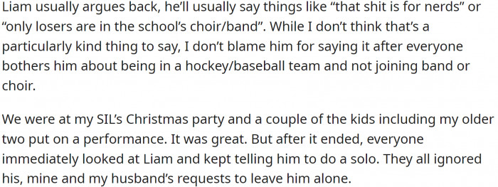 OP and her husband understand why he does not want to participate in music, while their other family members are unable to comprehend this decision.