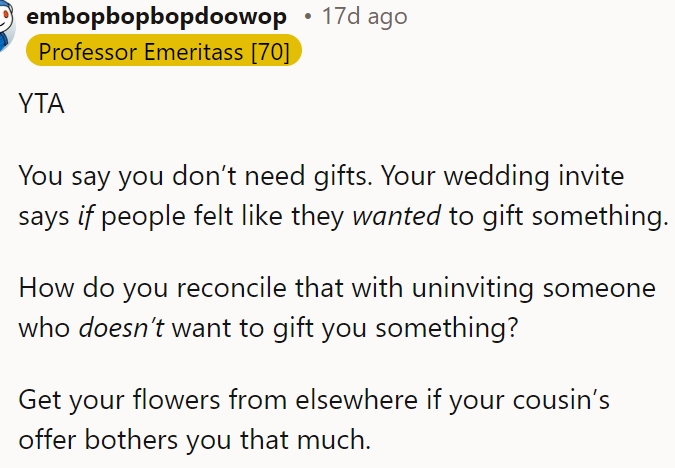 The invitation says if people want to gift them something...