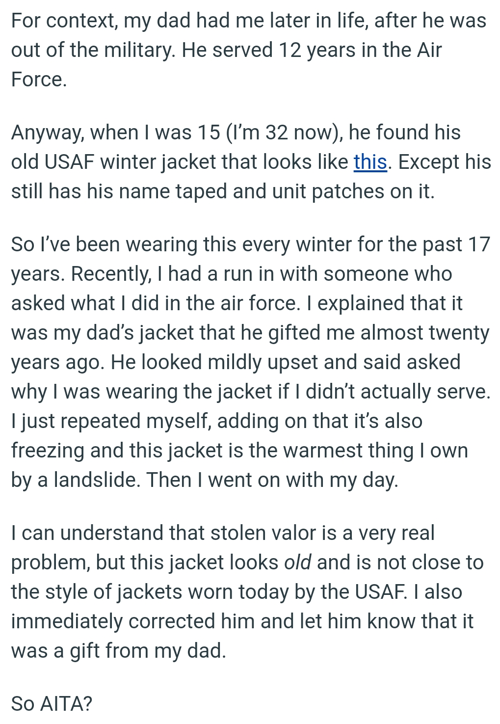 OP says it's freezing and the jacket is the warmest thing he owns by a landslide