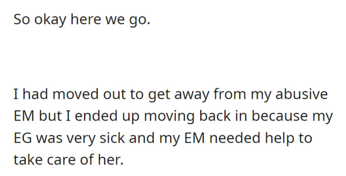 OP initially left home to escape their abusive mother (EM) but returned when their grandmother (EG) fell seriously ill, requiring assistance in her care.