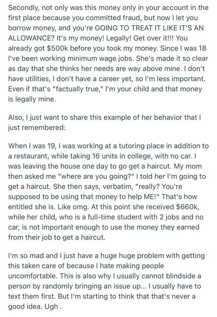 OP can’t believe that her own mom would betray her and feel no remorse about it