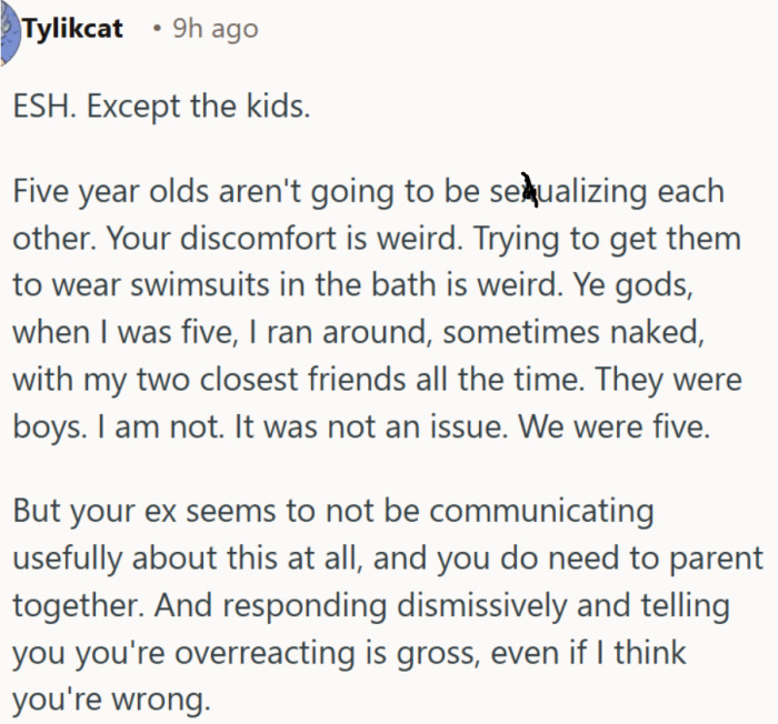 Both parents are failing here despite the ridiculousness of the swimsuit bath rule