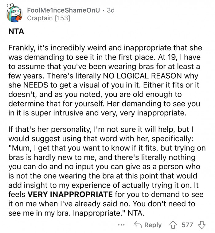 “There's literally NO LOGICAL REASON why she NEEDS to get a visual of you in it.”