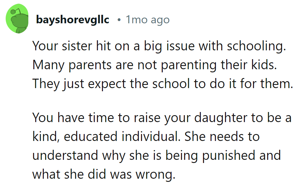 His sister struck a chord about parenting and schooling, but he's orchestrating his daughter's moral education one lesson at a time.