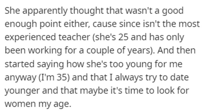 The sister made other points on why OP shouldn't go out with the teacher
