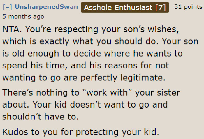 Redditors are commending the OP for respecting and protecting her son.
