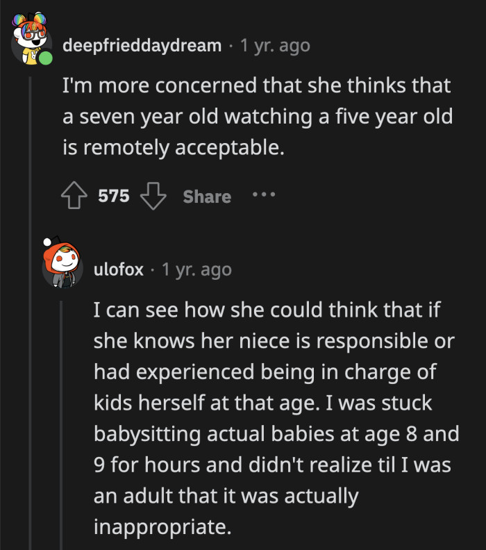 OP probably thought that having a child supervise other children is not a big deal because she was made to do it as a kid herself.