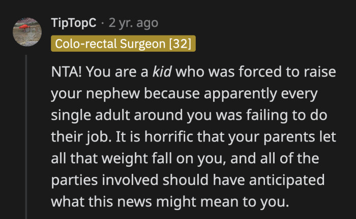 OP was basically a parent to her nephew for a year while she was juggling her own academic responsibilities. She was in survival mode for a year.