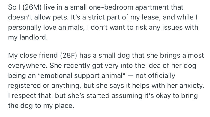 OP has a strict “no-pets” rule in his lease. But his close friend has a small dog that she brings everywhere, including his home