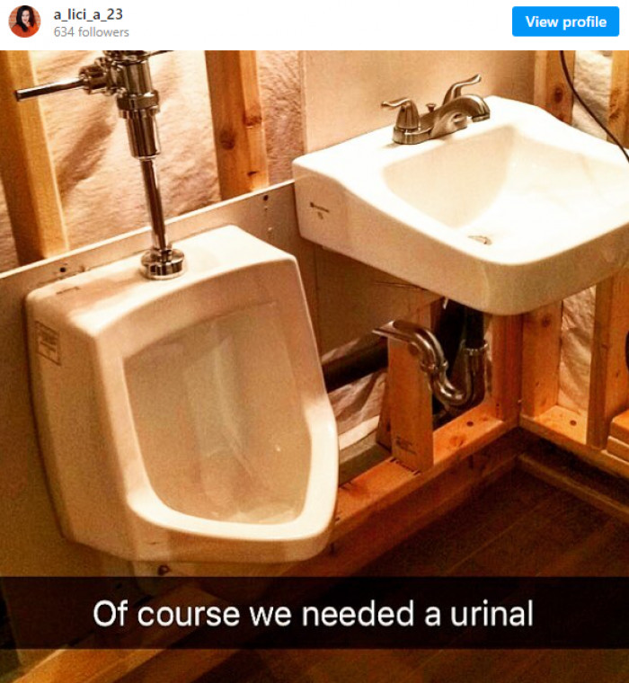 7. For some reason, completely unknown to us (and the rest of the world), this husband believes that urinals should be in family bathrooms: