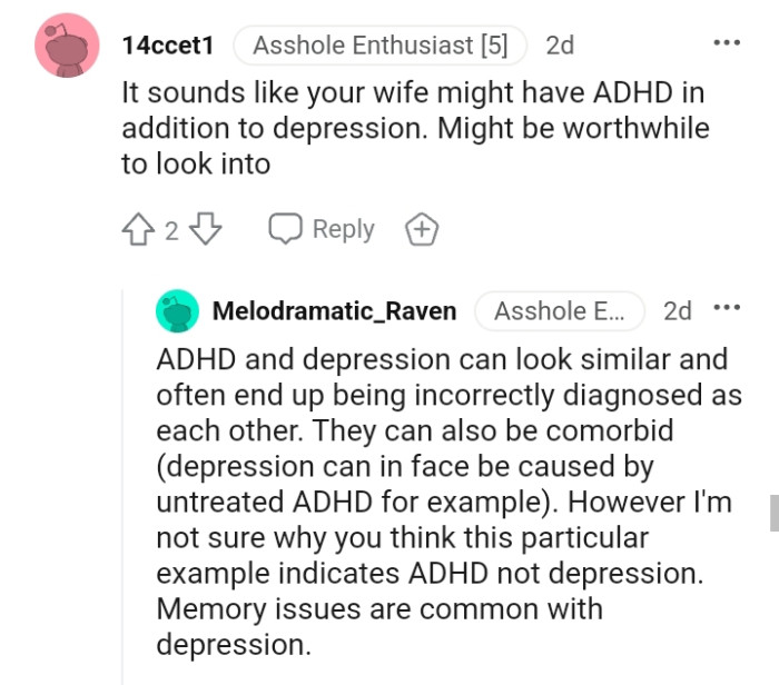 This Redditor believes the OP's wife might have ADHD too