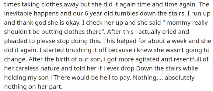 The next time, their daughter fell, so the OP warned his wife again: