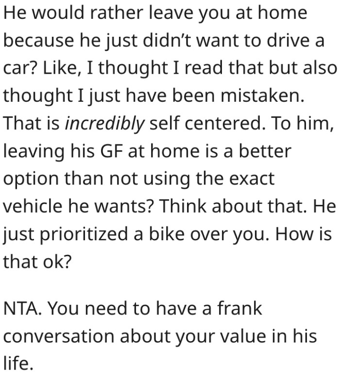 18. Her boyfriend prioritized a bike over her.