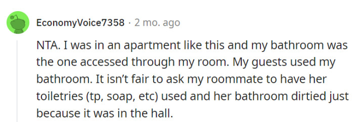 When it comes to bathroom etiquette, fairness flushes out any double standards—just imagine the roommate's reaction if the roles were reversed and her bathroom was the communal one!