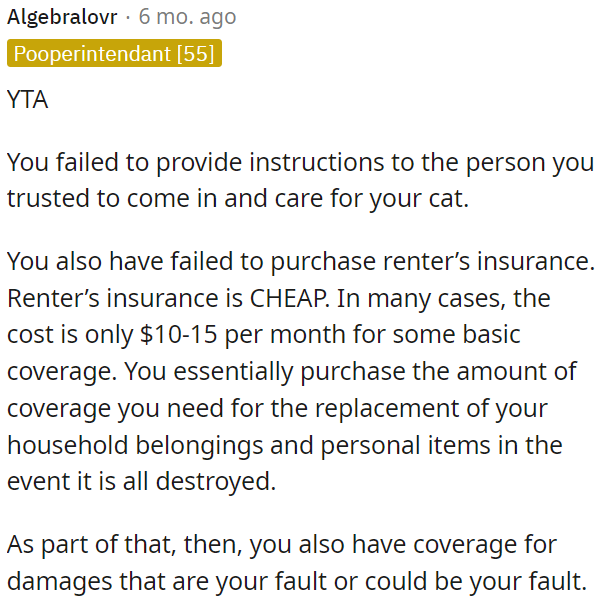 OP is at fault for not providing instructions to the person he trusted to care for his cat.