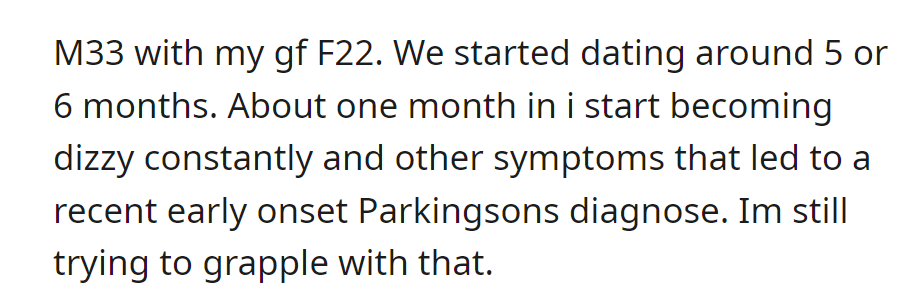 OP has been dating his GF for 5-6 months, and he was recently diagnosed with early onset Parkinson's, coping with the news while in the relationship.