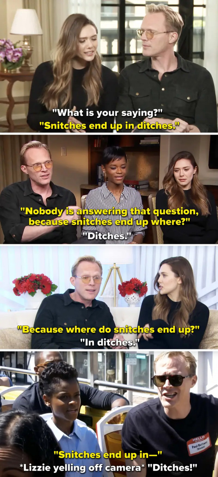 2. Paul Bettany kept repeating his catchphrase about what would happen if you spoiled Avengers: Infinity War, and Elizabeth Olsen kept playing along