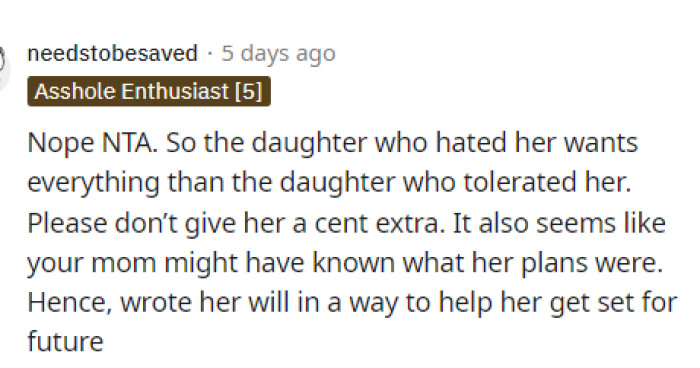 Obviously, the mom did it this way for a reason, and we have to trust that she knew her kids and what they'd most likely do.