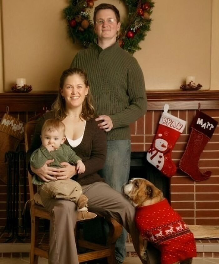"This Is The 2006 Christmas Card Photo That We Sent Out, With Our 6-Year-Old English Bulldog, Joan"