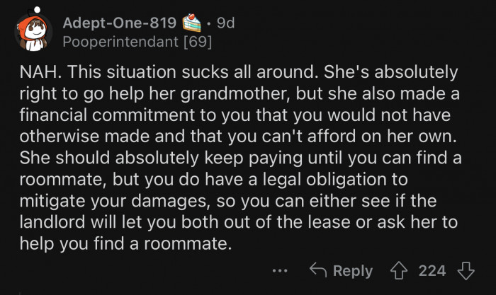 OP's GF should help him find a new roommate.