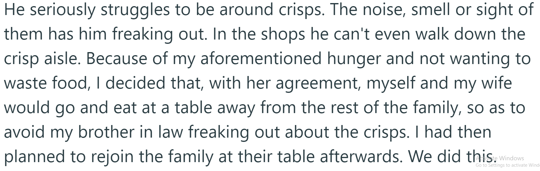 To accommodate his BIL's condition, the OP and his wife decided to eat separately from the rest of the family: