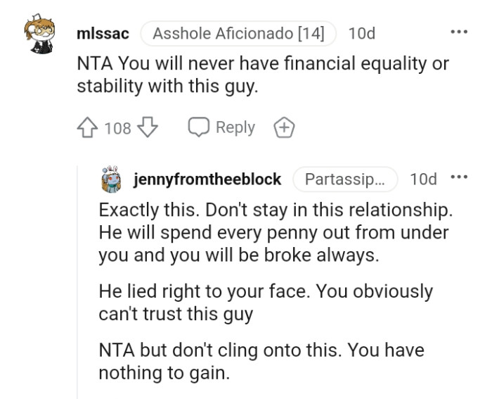 The OP will never have financial stability with her current partner