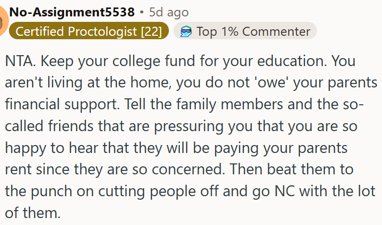 OP does not owe her parents financial support.