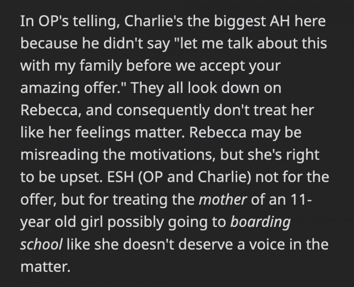 Charlie Takes the Biggest Blame Because He Didn't Discuss This with His Wife. He and His Wife Should Have Discussed This Before Making Any Decision That Affects Their Daughter's Life.