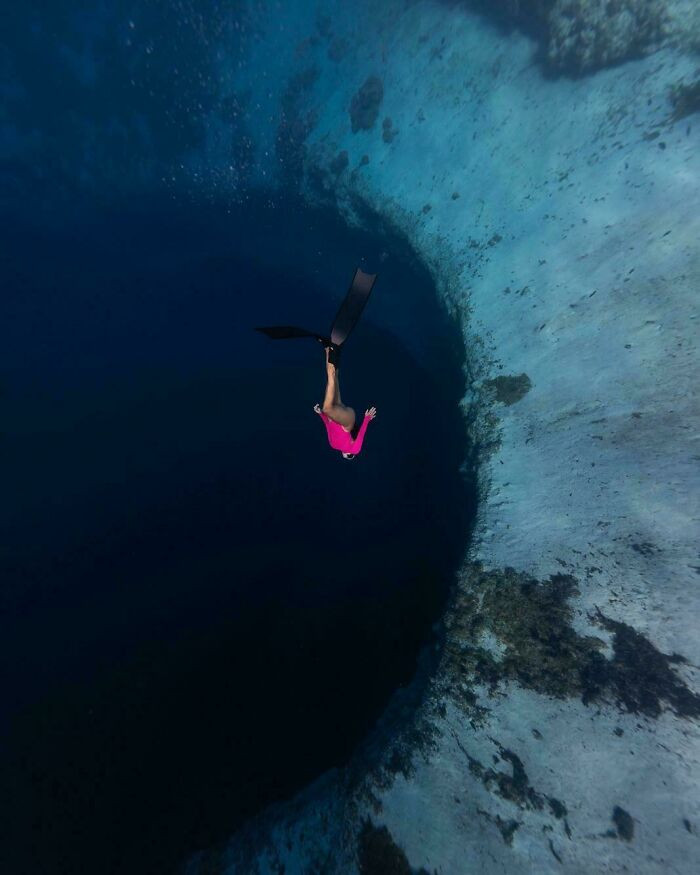 "Swimming Into A Blue Hole In The Bahamas"