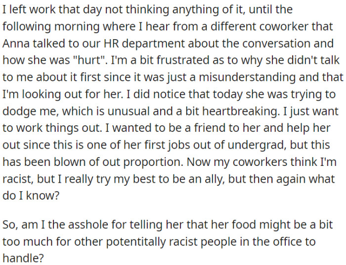 Anna reported their conversation to HR, and now OP's coworkers think he is racist.