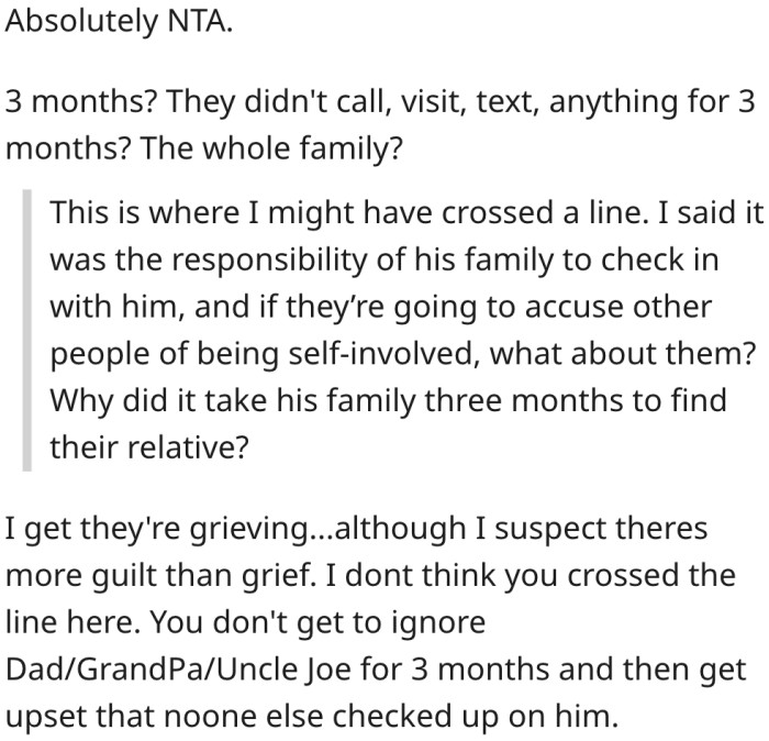 13. The stranger is feeling more guilt than grief.