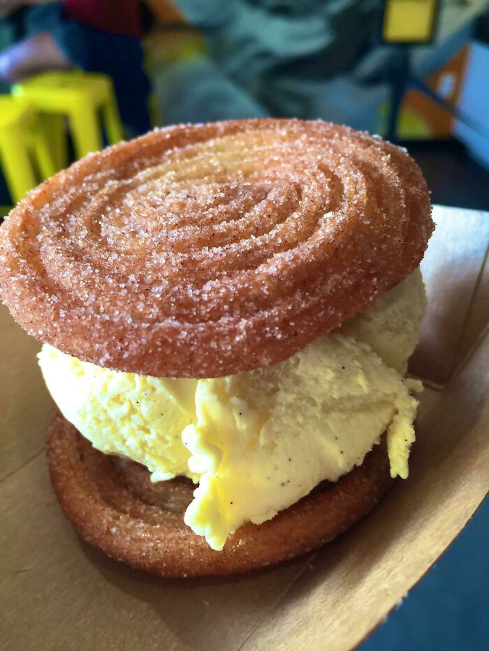 A Churro Ice Cream Sandwich With Horchata Ice Cream