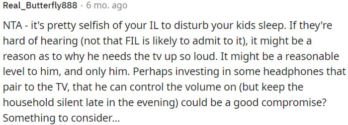 The in-laws' actions are selfish and disrupt the kids' sleep.