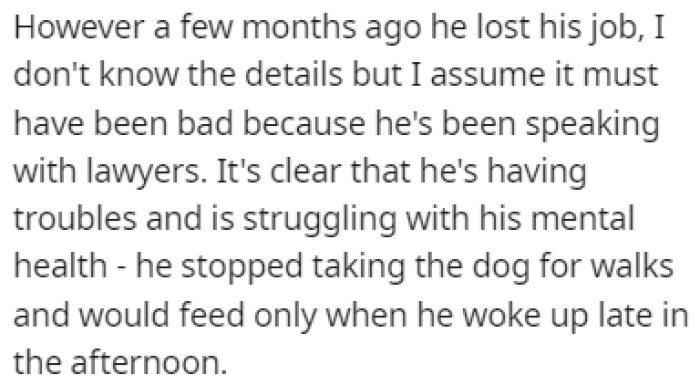 A few months ago, OP's roommate lost his job, and he's been struggling with his mental health since