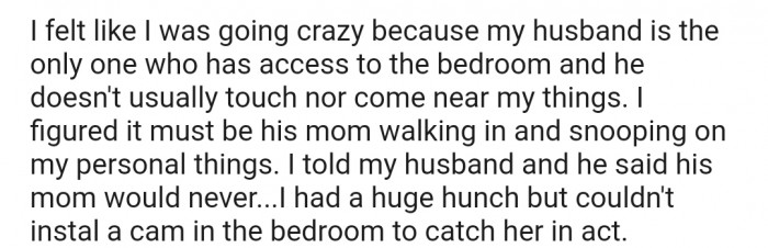 OP suspected that her mother-in-law was behind this, but her husband was adamant that it wasn't his mother