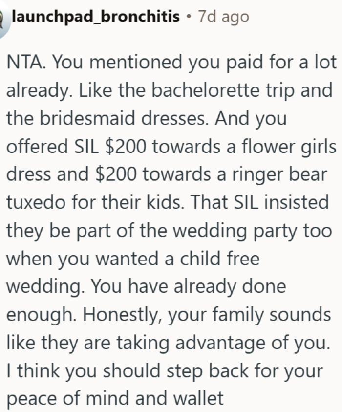 The bride has done more than enough, but her family refuses to see it